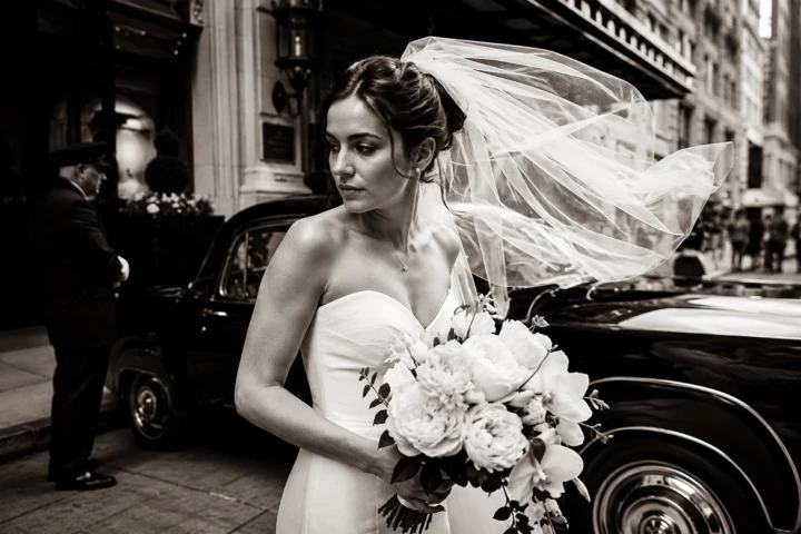 Bride holding a white floral bouquet beside a vintage black wedding car as her veil moves in the wind.