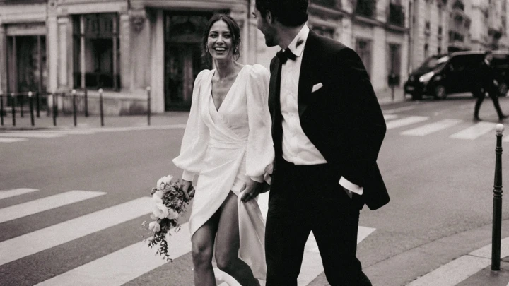 Bride holding a bouquet and laughing with the groom while walking across a street in Istanbul.