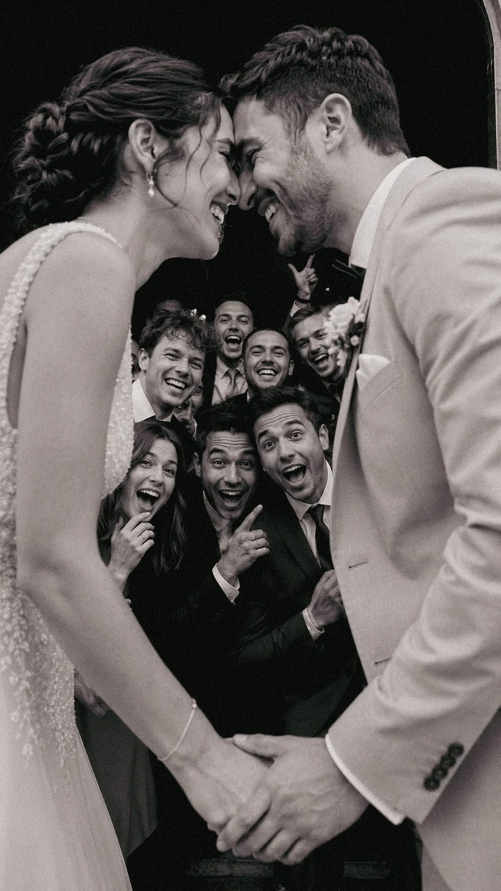 Bride and groom laughing together with excited wedding guests posing behind them during a celebration in Turkey.