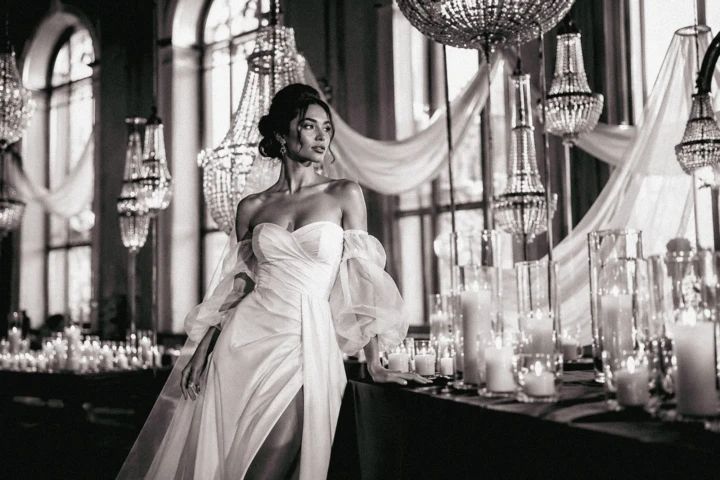 Bride in an elegant wedding dress standing among crystal chandeliers and candles inside a luxury ballroom in Turkey.