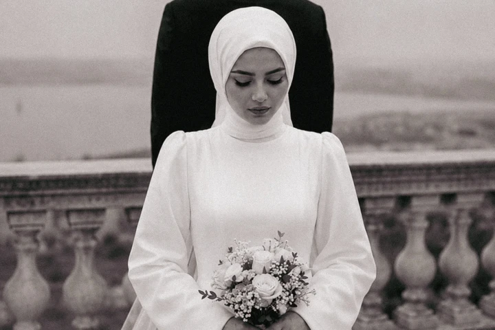 Muslim bride in a white hijab holding a floral bouquet with the groom standing behind her during a wedding portrait in the UAE.