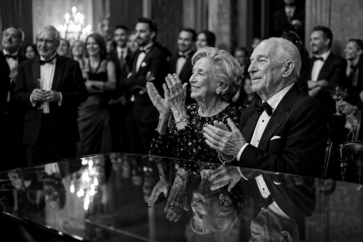 Elderly couple smiling and applauding with wedding guests during a formal reception in the UAE.