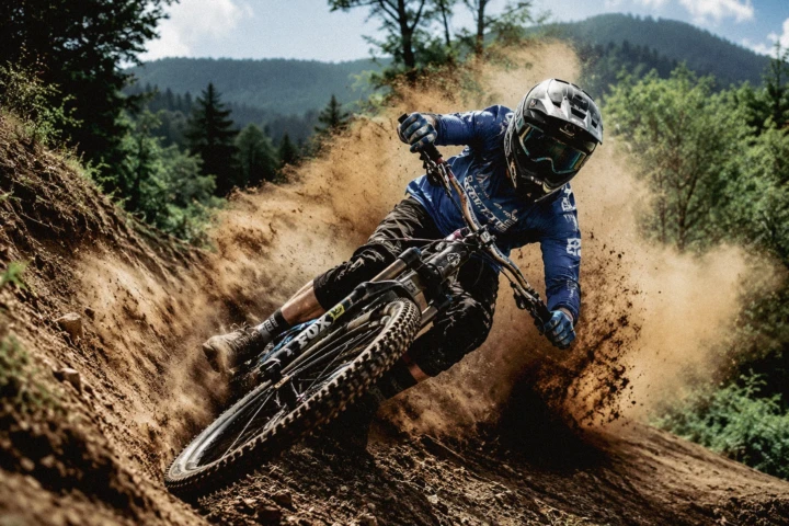 Downhill mountain biker leaning sharply through a dirt corner and spraying soil