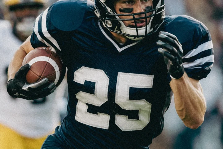 American football player number 25 running forward while carrying the ball