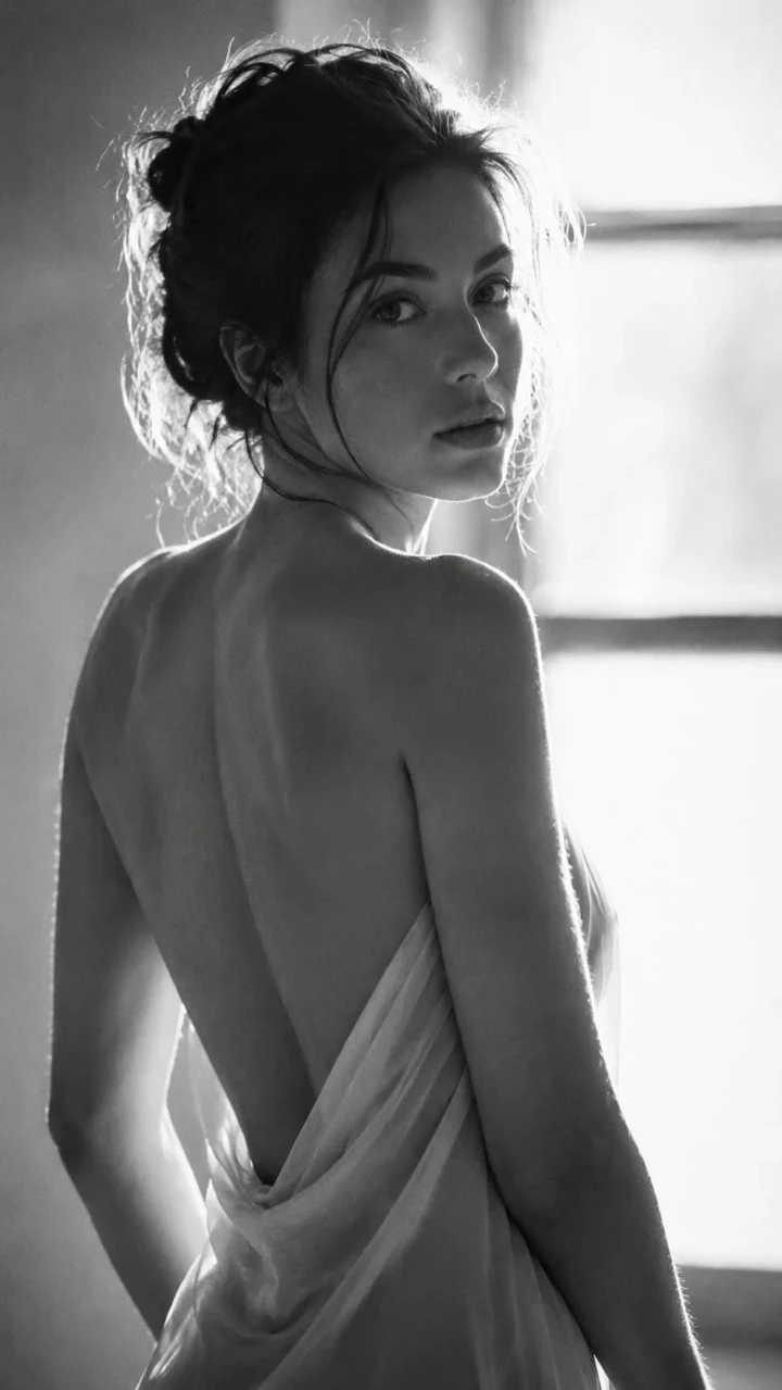Black and white portrait of an adult woman looking over her shoulder with a draped fabric revealing her back in soft window light.