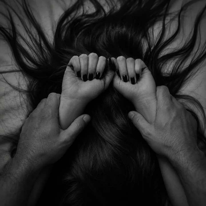 Black and white couples boudoir photograph featuring intertwined adult hands and dark flowing hair in an intimate fine-art composition in Dubai.