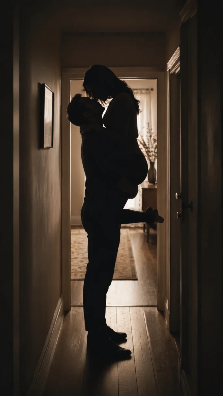 Romantic silhouette of an adult couple embracing in a softly backlit hallway during an intimate portrait session.