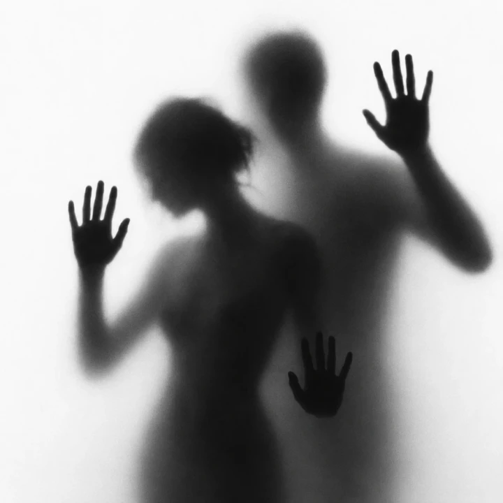 Blurred silhouette portrait of an adult couple standing behind a translucent surface with raised hands and soft abstract outlines.