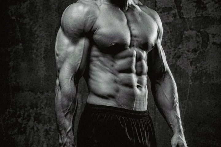 Muscular male fitness athlete holding a kettlebell in a dramatic studio portrait