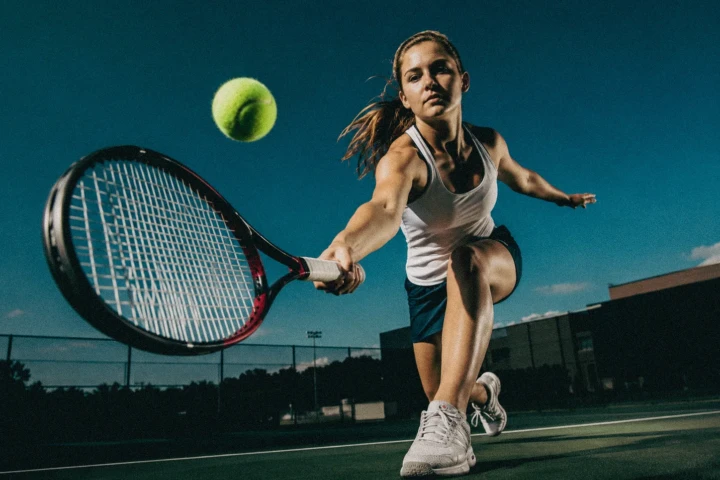 Female tennis player lunging forward with her racket toward an approaching ball