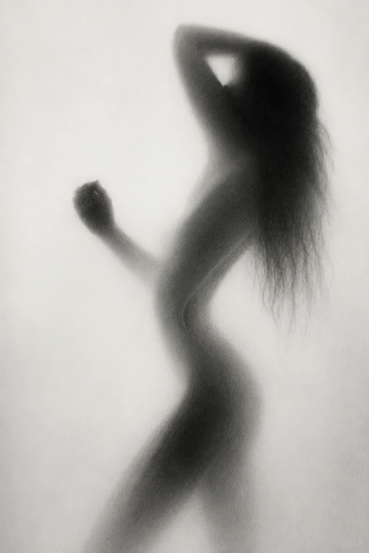 Abstract monochrome silhouette of an adult woman behind a translucent surface with one arm raised and long textured hair.