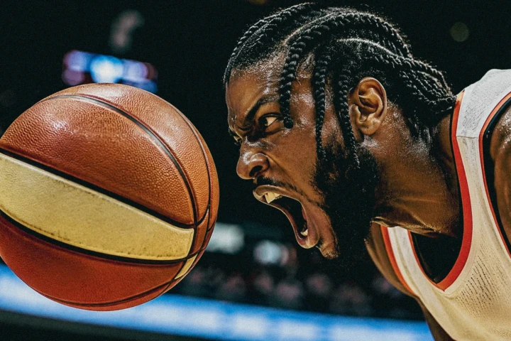 Close-up of an intense basketball player shouting beside a basketball during a game