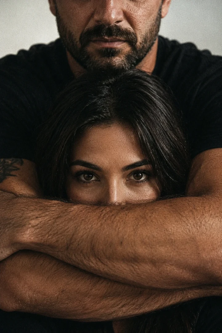 Close-up editorial portrait of an adult couple embracing, with the woman looking toward the camera between the man’s crossed arms.