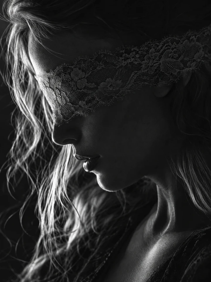 Dramatic black and white close-up profile of an adult woman wearing a delicate floral lace eye mask.