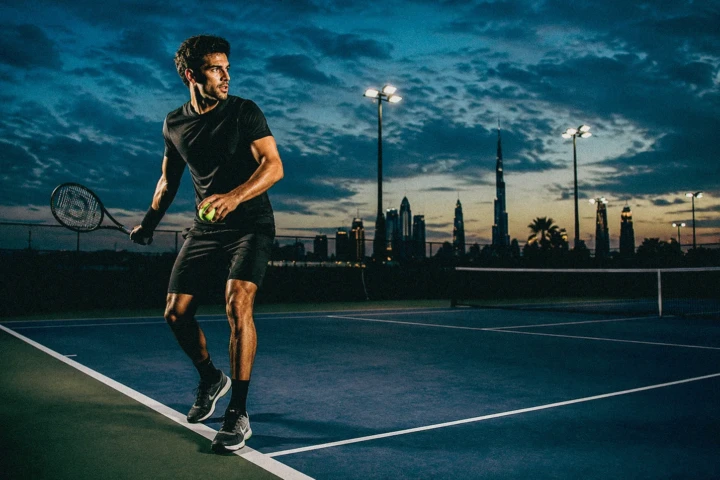 Male tennis player holding a racket and ball on a blue court at dusk with the Dubai skyline behind him