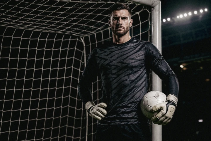 Professional goalkeeper holding a football inside the goal under stadium lights