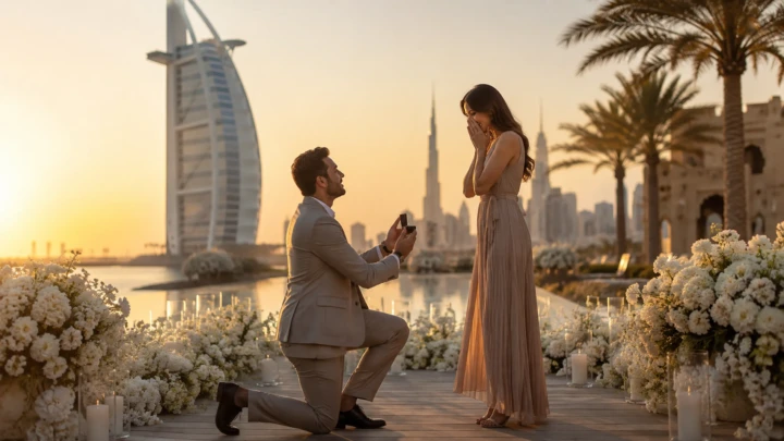 Man proposing on one knee to his partner during a romantic Dubai sunset setting