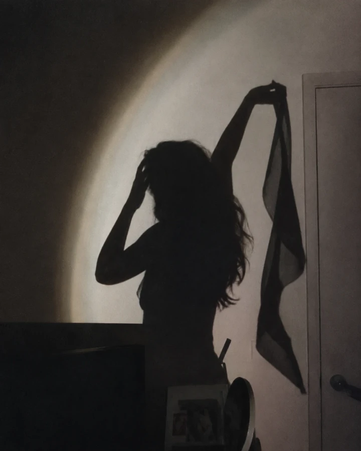 Artistic silhouette of an adult woman raising a flowing piece of fabric against a softly illuminated interior wall.