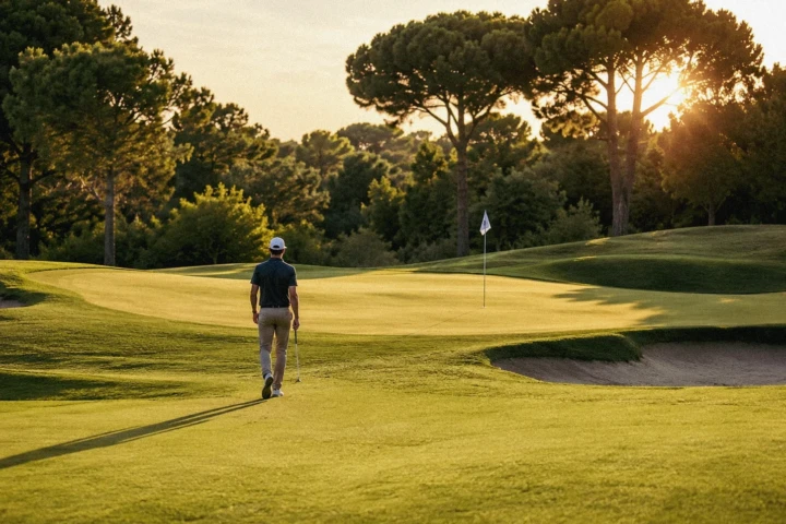 Golfer walking toward a putting green during golden hour on a landscaped golf course