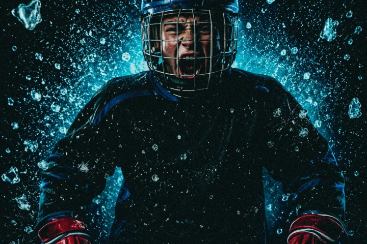 Ice hockey player wearing a blue helmet and red gloves surrounded by flying ice fragments