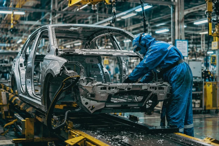 Automotive factory worker inspecting a vehicle body on a car production line during industrial manufacturing photography in Dubai, UAE.