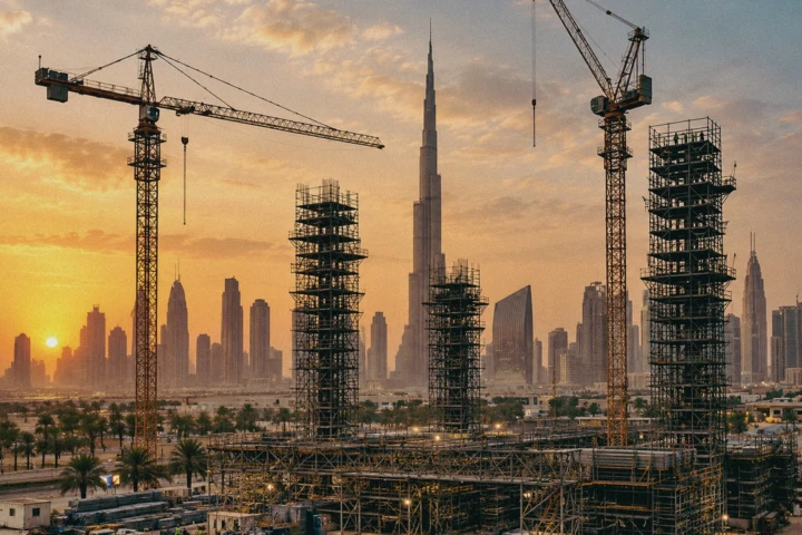 Large construction site with tower cranes, scaffolding and structural works overlooking Burj Khalifa and the Dubai skyline, UAE.