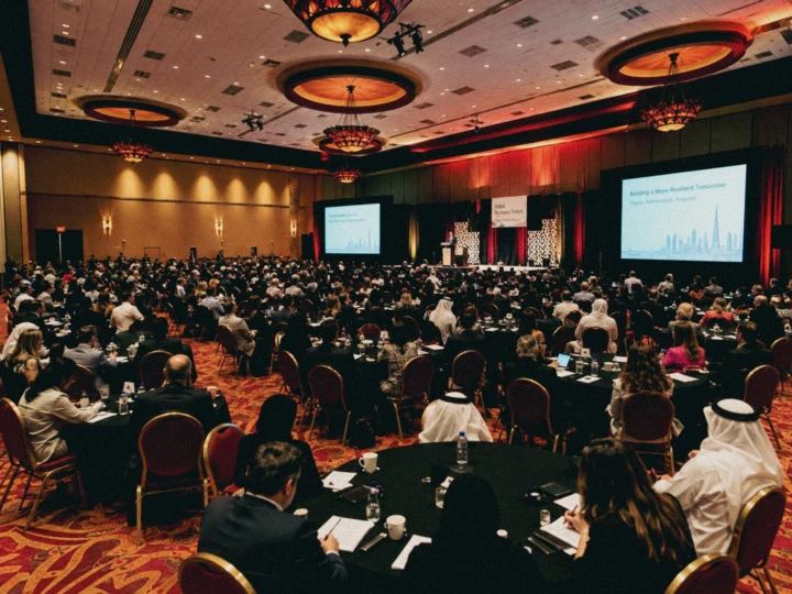 Large corporate conference audience in a ballroom with keynote stage and presentation screens during professional event coverage in Dubai and Abu Dhabi.