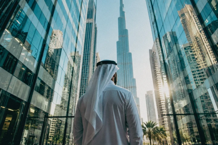 Emirati businessman standing between modern office towers with Burj Khalifa in the background in Downtown Dubai, UAE.
