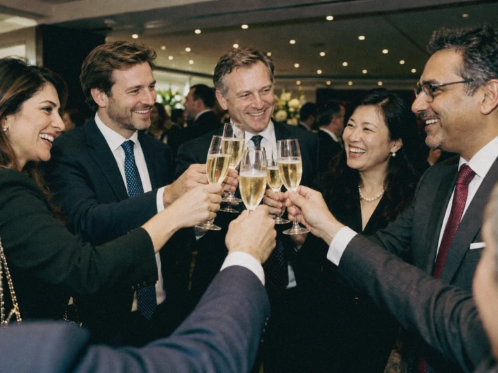Business guests raising glasses together during a corporate reception and networking celebration.
