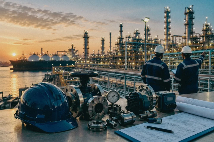 Oil and gas engineering equipment, valves and technical drawings with engineers overlooking a refinery and LNG facility in the UAE.