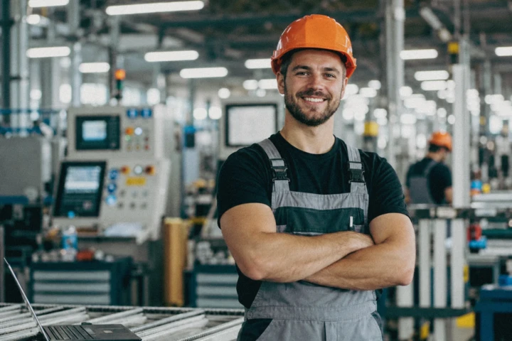 Smiling factory worker wearing an orange hard hat and work overalls inside a modern manufacturing facility in Dubai, UAE.