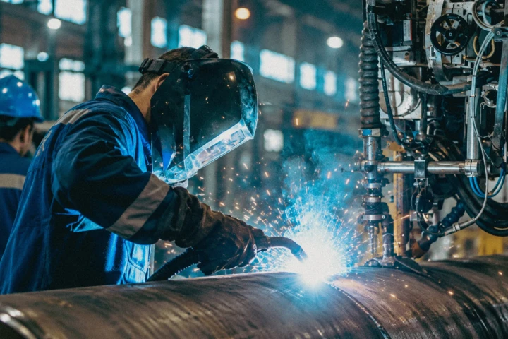 Industrial worker welding a large metal pipe beside automated fabrication machinery inside a manufacturing facility in Dubai, UAE.