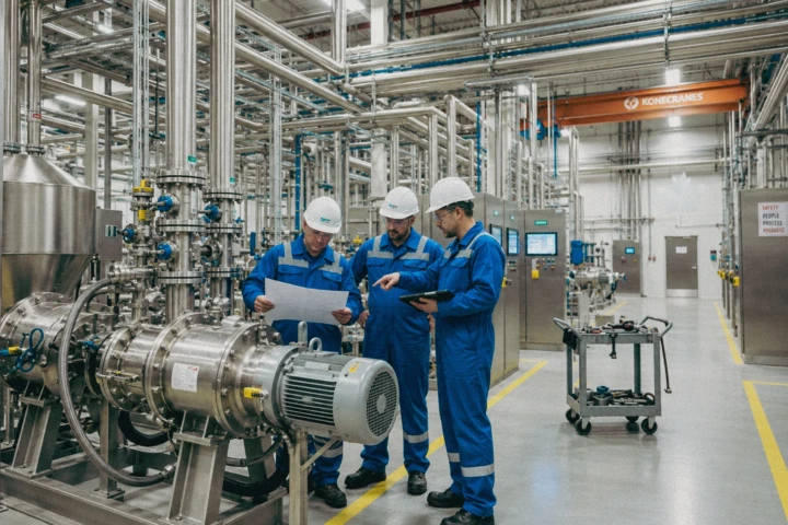 Industrial engineers inspecting process equipment and stainless steel pipelines for industrial photography in Dubai, UAE.