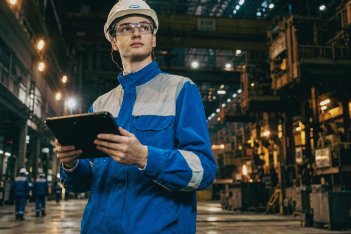 Industrial engineer wearing safety equipment and holding a tablet while inspecting operations inside a large manufacturing facility.