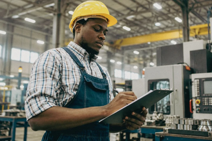 Manufacturing technician recording quality control inspection data beside CNC machinery inside a modern factory in Dubai, UAE.