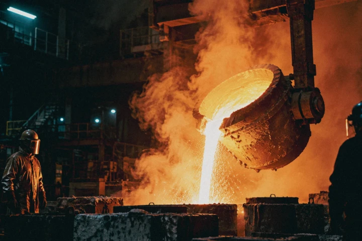 Molten steel pouring from an industrial ladle during a metal casting process with foundry workers inside a heavy manufacturing facility.