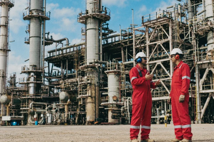 Two refinery engineers in safety workwear discussing operations in front of a large petrochemical processing plant in the UAE.