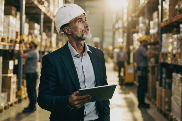 Warehouse manager wearing a safety helmet and holding a tablet while supervising operations inside a logistics facility in Dubai, UAE.